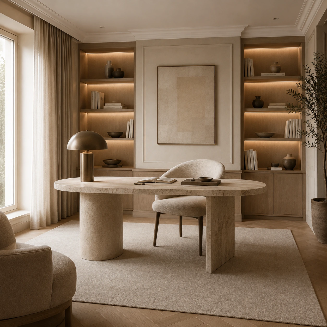 Bureau raffiné aux tons naturels dans un style luxe discret