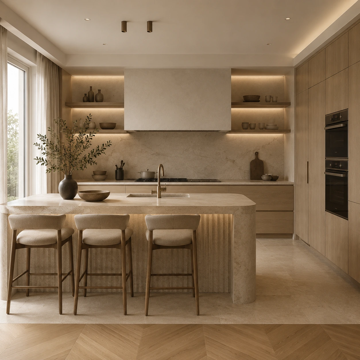 Cuisine haut de gamme beige et bois dans un style luxe discret