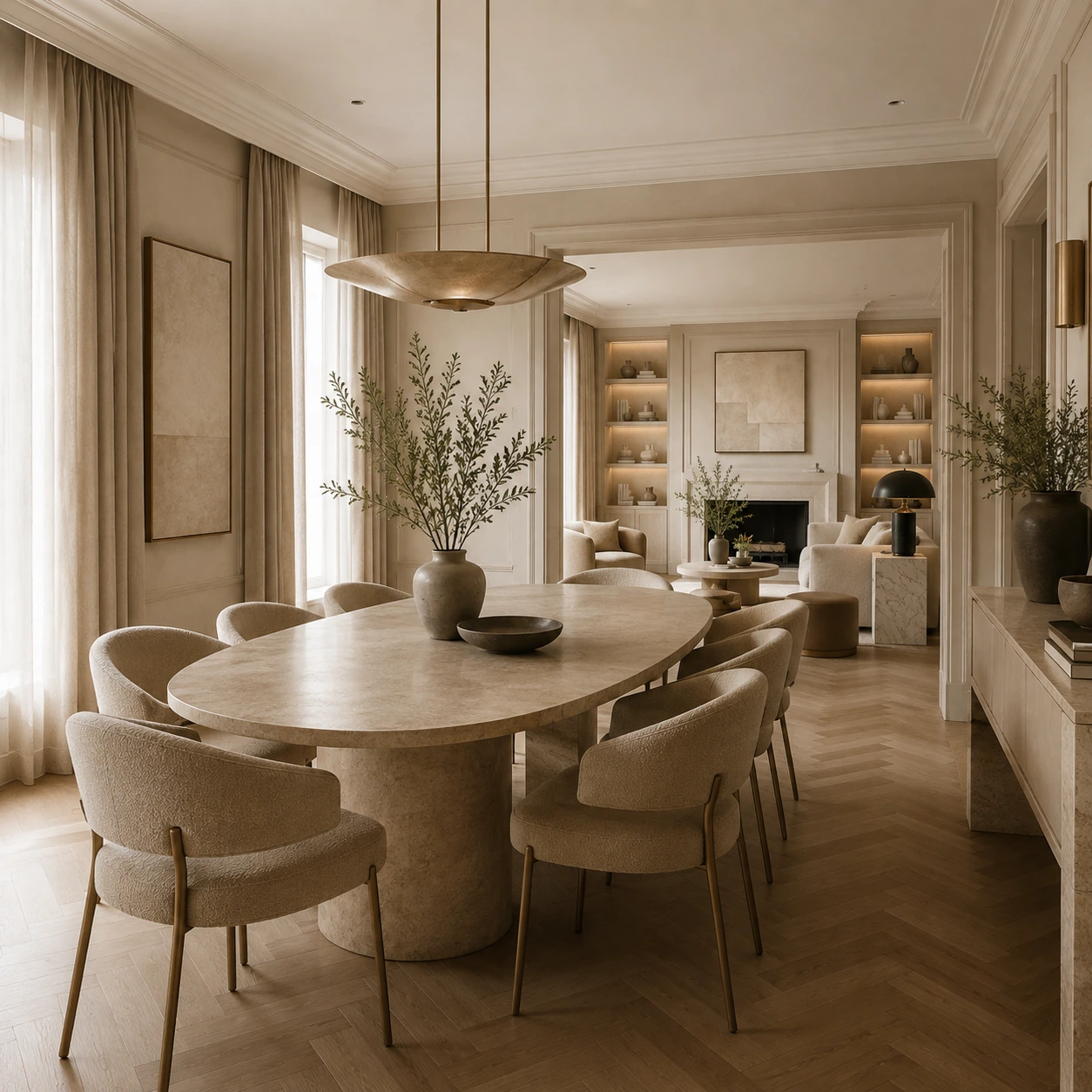 Salle à manger lumineuse et élégante dans un style quiet luxury