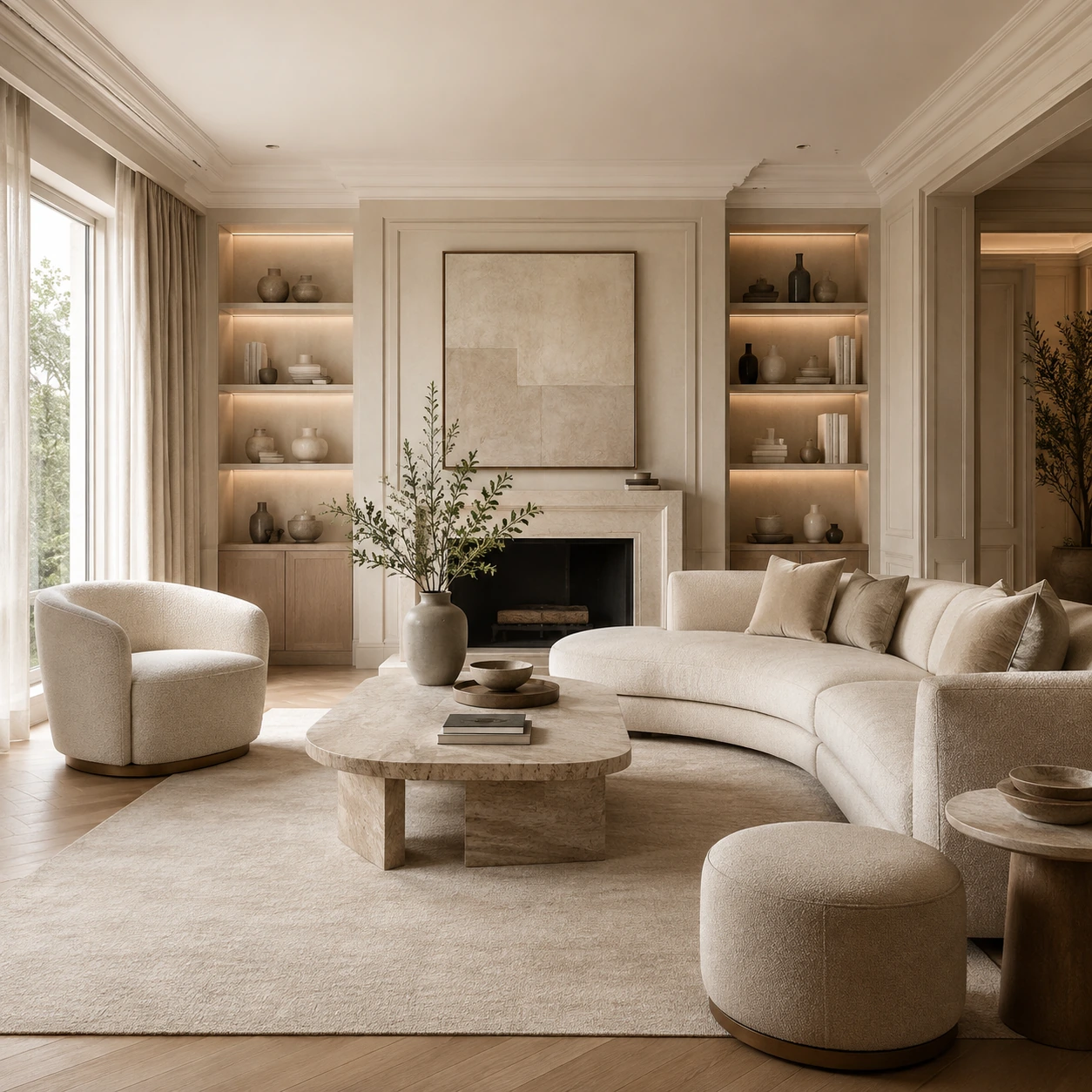 Salon élégant aménagé dans un style luxe discret avec cheminée centrale