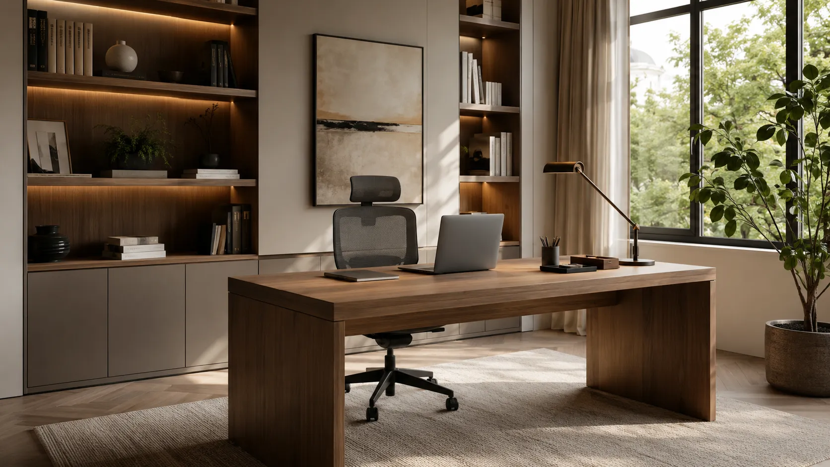 Bureau élégant et ergonomique avec mobilier contemporain bois rangement intégré et lumière naturelle