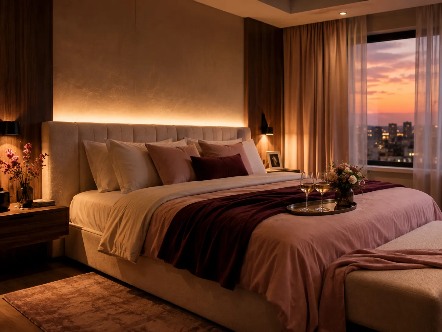 Chambre contemporaine sensuelle aux tons poudrés et bordeaux avec lumière douce textiles enveloppants et décoration romantique discrète
