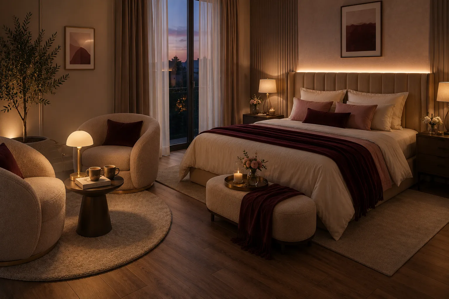 Coin détente élégant dans une chambre avec fauteuil confortable petite table lampe douce et textiles assortis