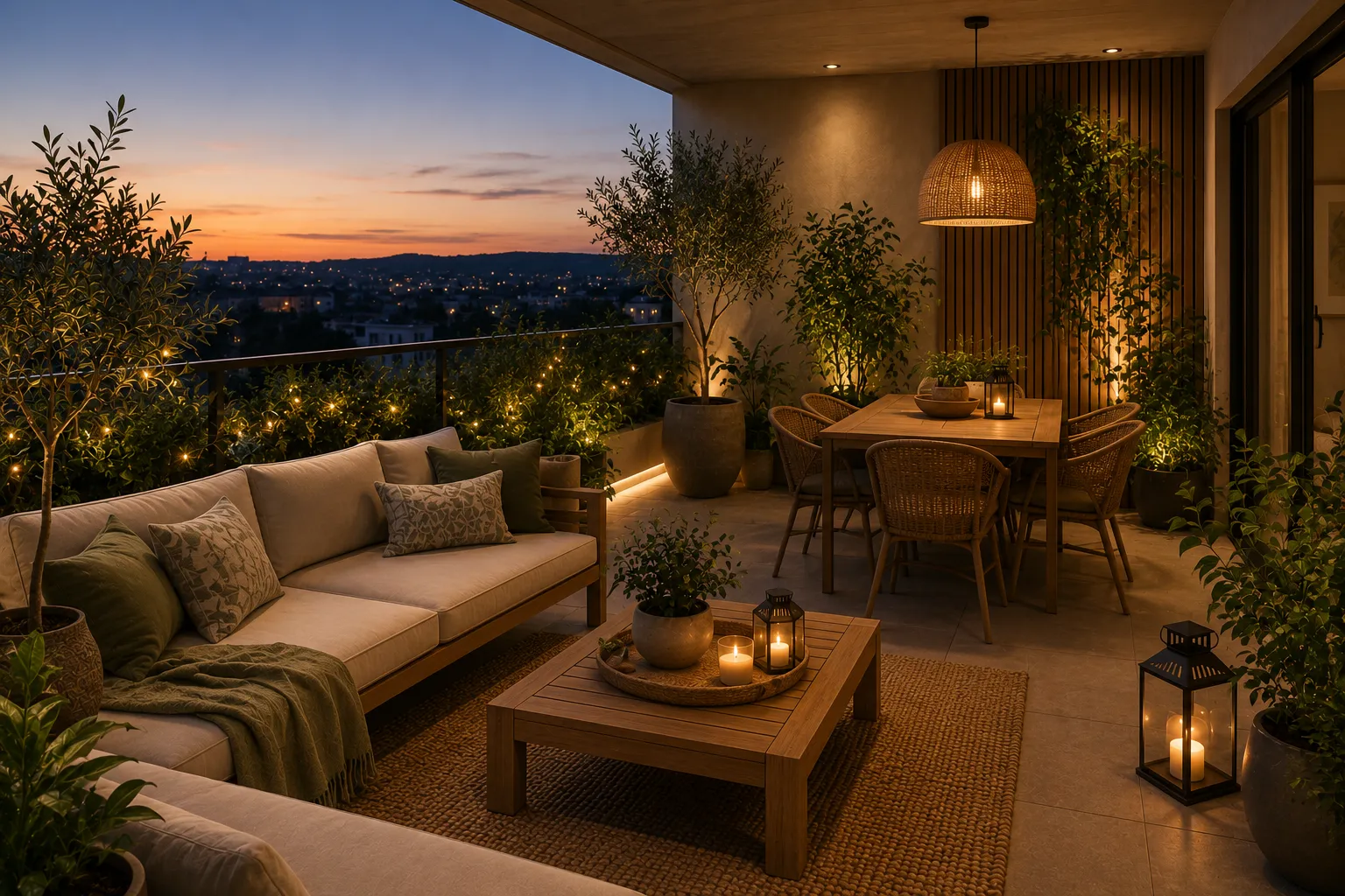 Salon contemporain ouvert sur une terrasse avec continuité de couleurs et de matériaux