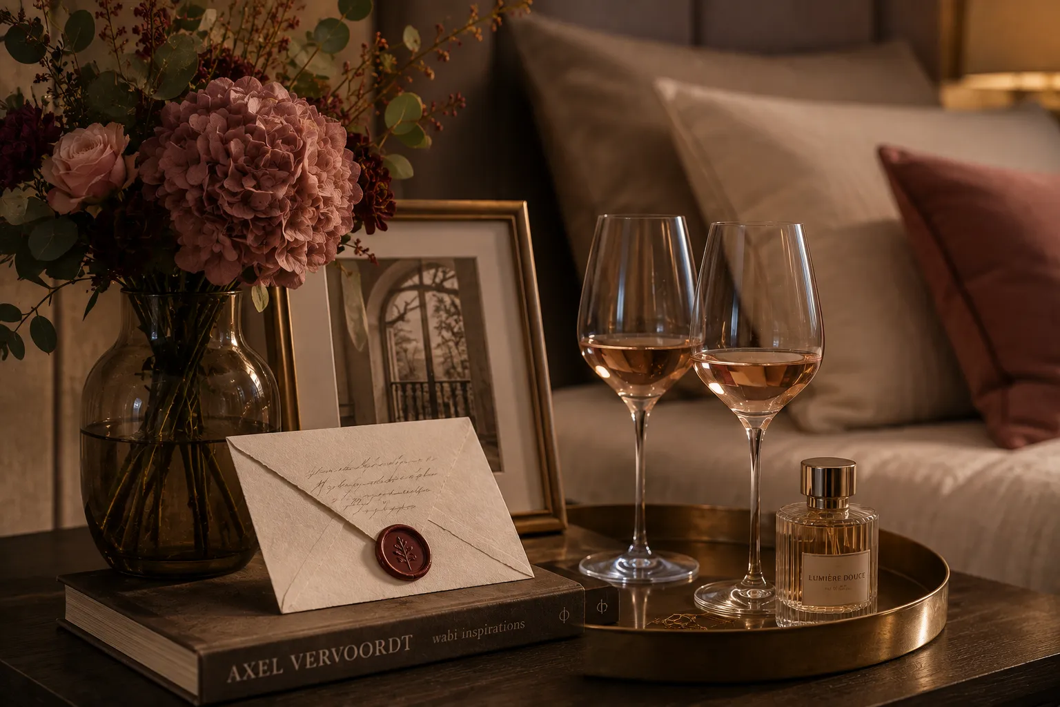 Détails romantiques raffinés dans une chambre avec fleurs photographie lettre manuscrite livres et petit plateau