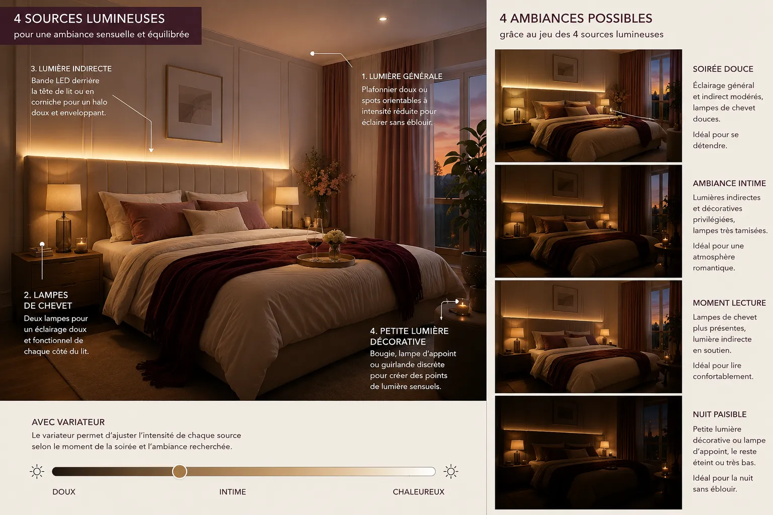 Même chambre romantique montrant éclairage général doux lampes de chevet lumière indirecte et petites sources d’ambiance