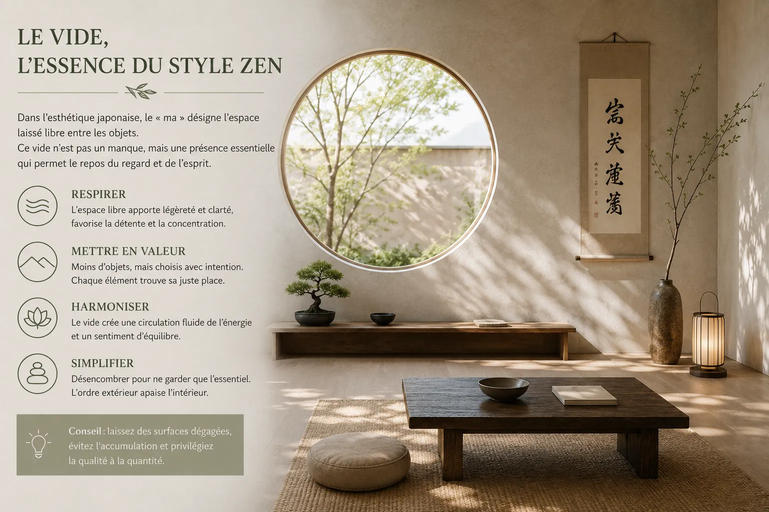 Salon zen contemporain illustrant le rôle de l'espace vide et du ma autour du mobilier