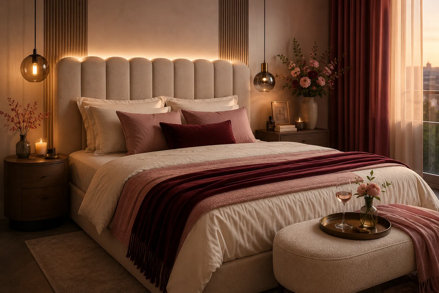 Lit mis en valeur par une tête de lit rembourrée linge de lit texturé palette bordeaux poudrée et éclairage doux