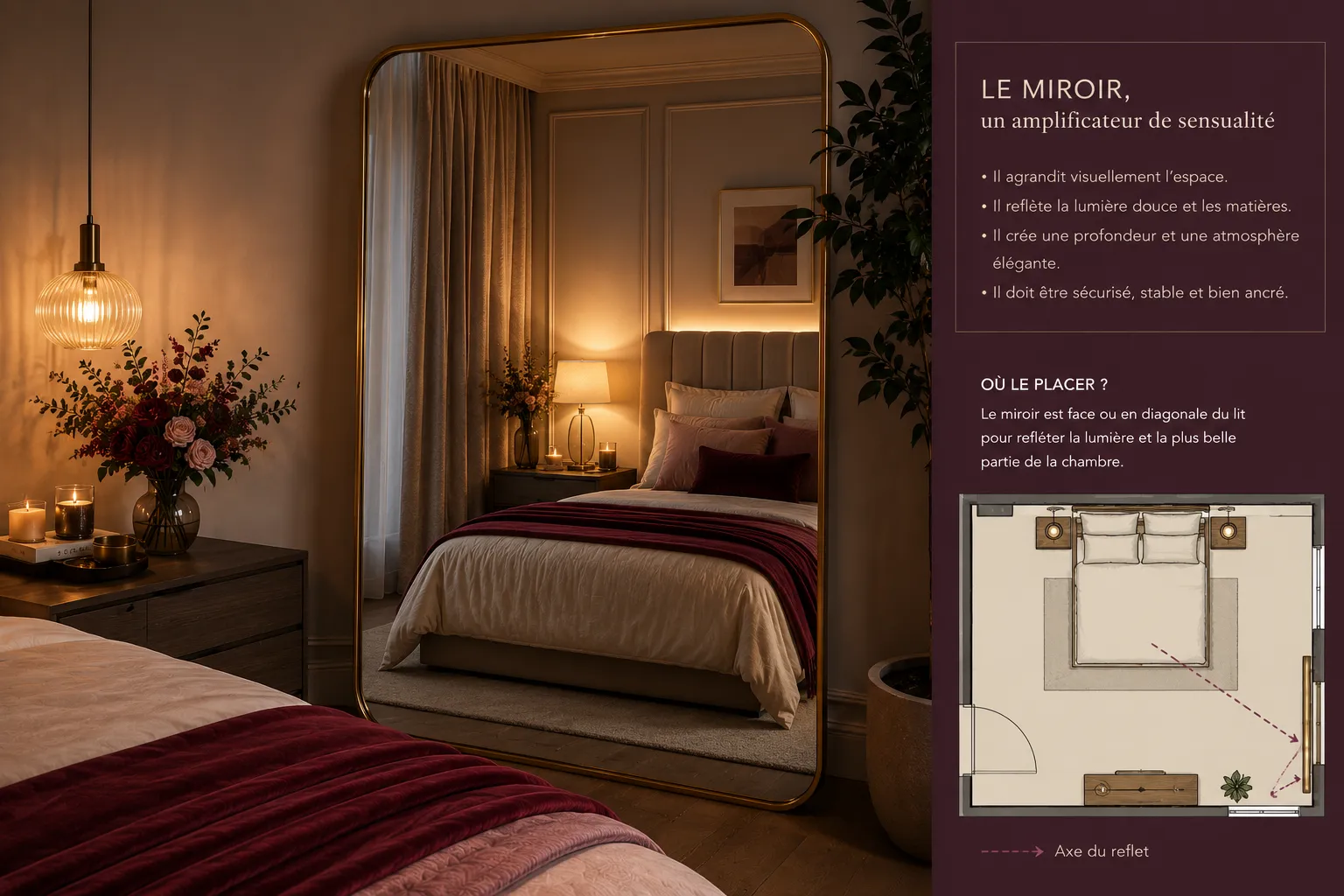 Chambre élégante avec miroir positionné pour refléter une lampe douce les textiles et une composition florale