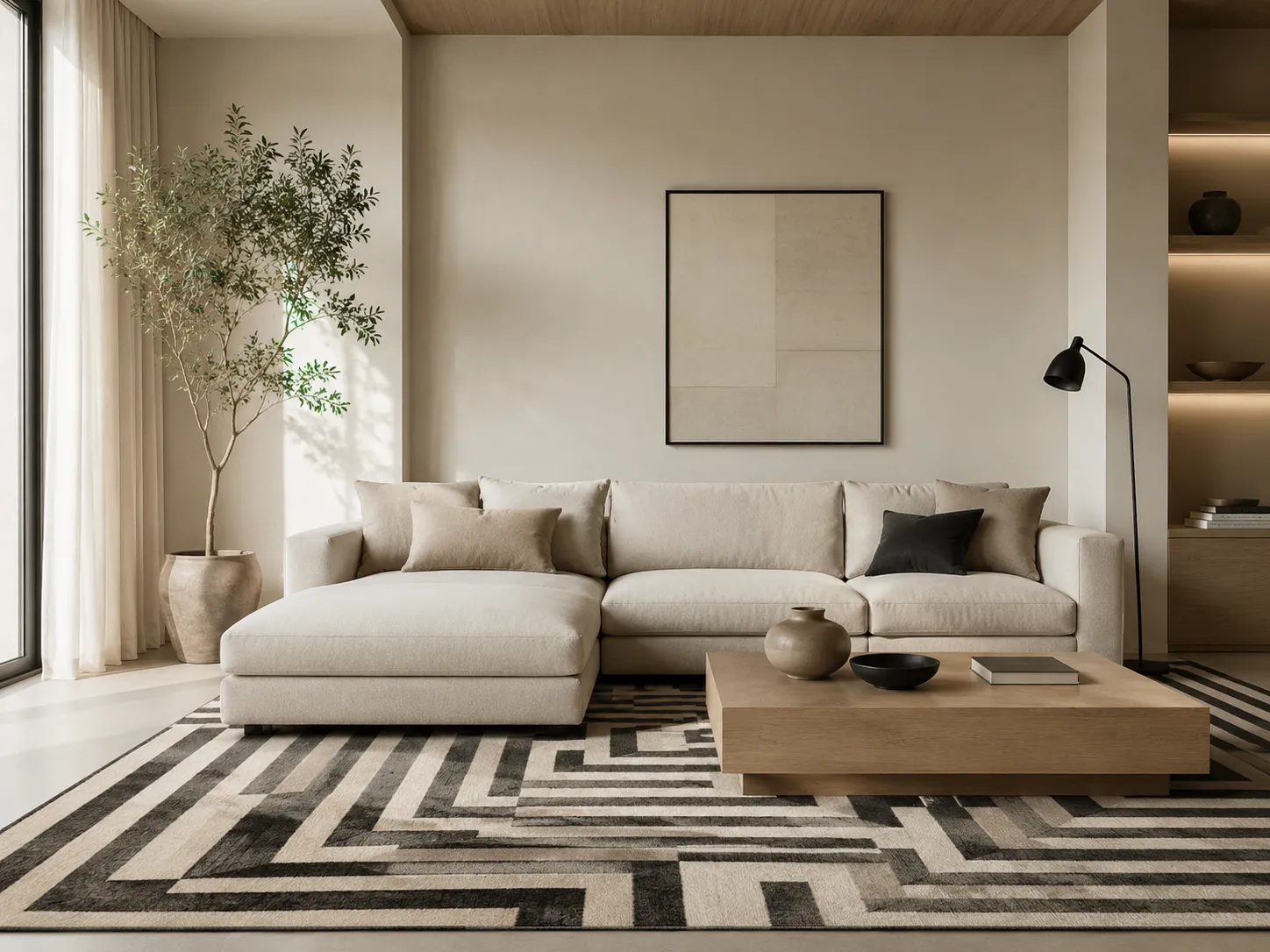 Décoration contemporaine avec tapis géométrique arches et motifs graphiques maîtrisés