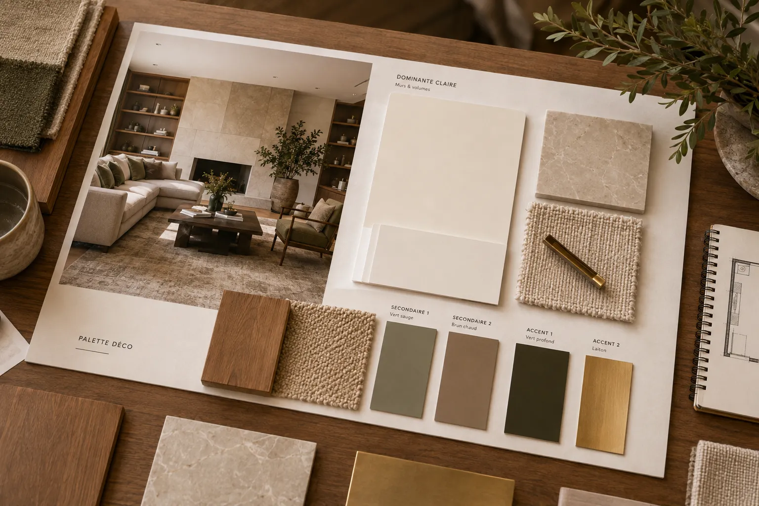 Palette décorative structurée avec dominante, couleurs secondaires et accents