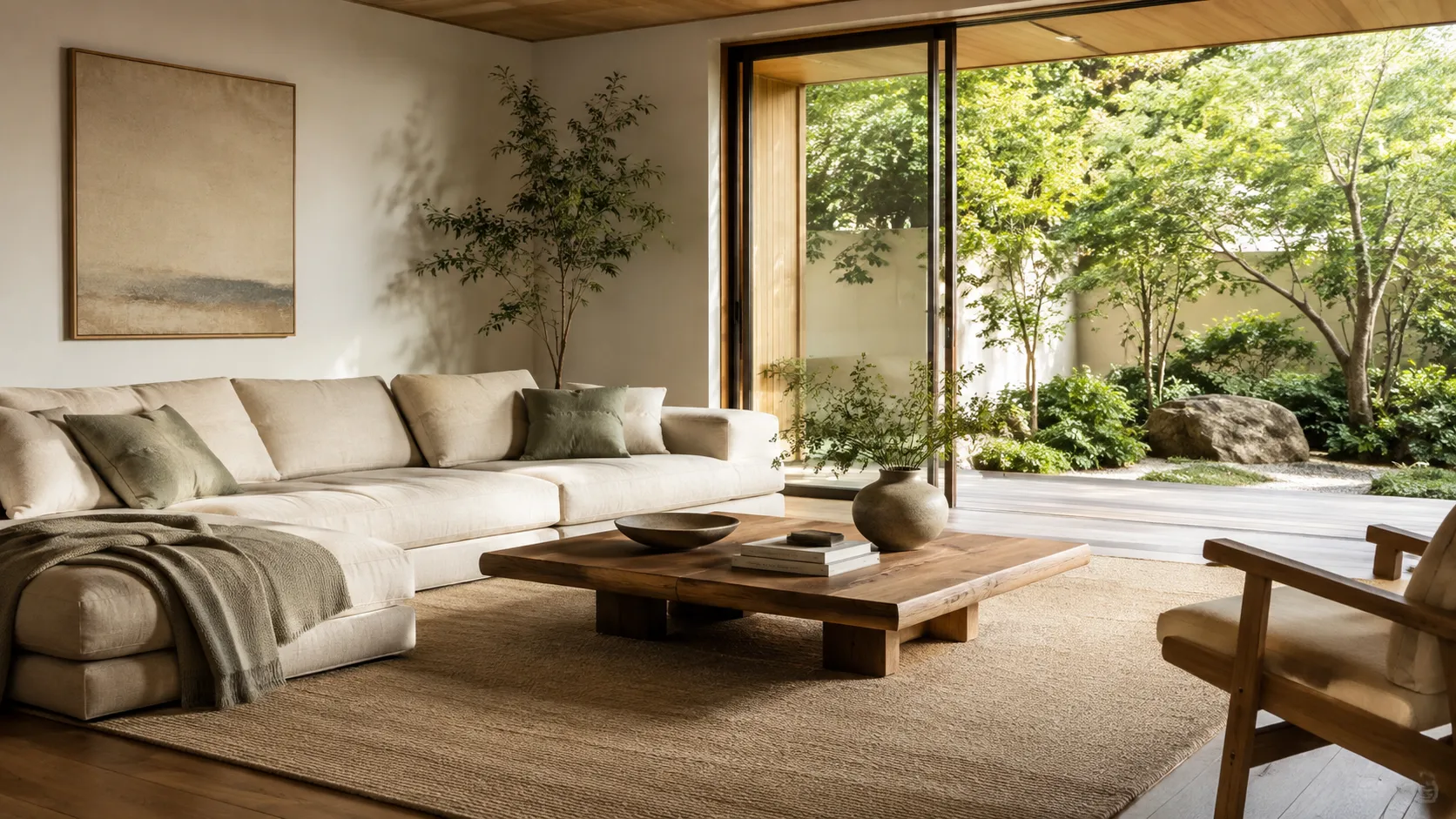 Salon de style zen avec bois naturel tons minéraux lumière douce et ouverture sur le jardin