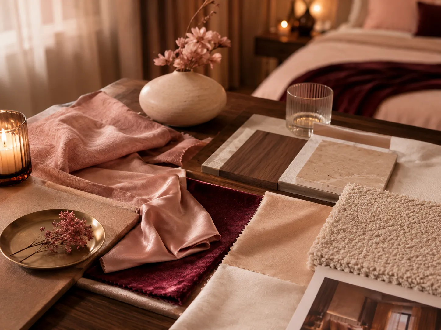 Sélection de textiles pour une chambre sensuelle avec lin lavé velours satin de coton laine bouclée et tons bordeaux poudrés