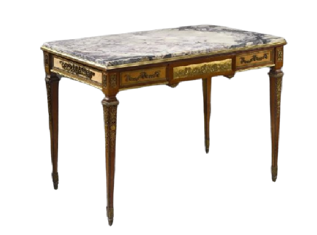 mobilier de style Louis XVI : table avec dessus marbre veiné