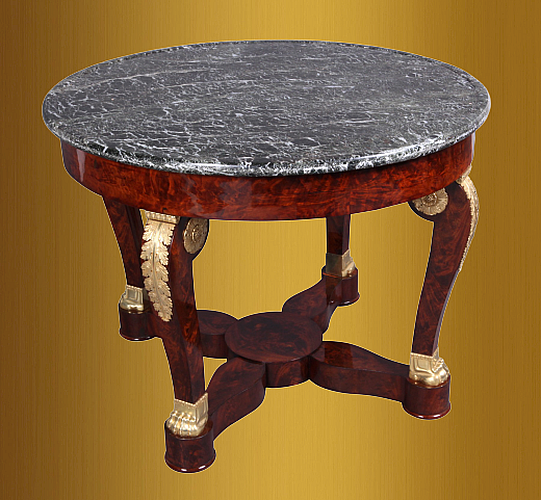 Les tables sous la restauration sont légères et de formes variées. Les piètements sont en trépied, en fût, en lyre, en pattes de lion ou en S